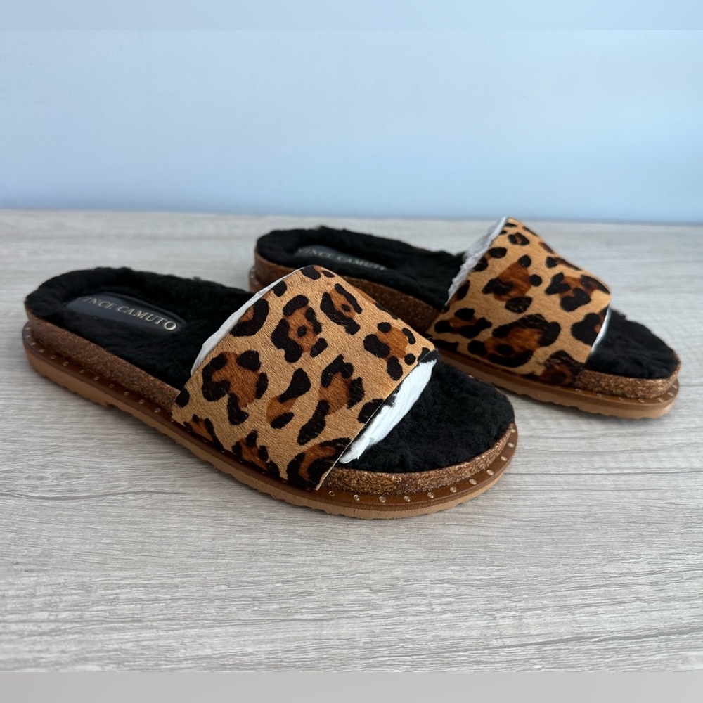 Vince Camuto Leopard Print Slide Sandals in Black and Brown